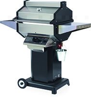 Stainless Steel Grill Head with Cast Aluminum End Caps on a Black Aluminum Column and Cast Aluminum Base with 2 Wheels, 2 Stationary SS Shelves
